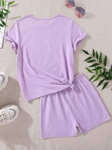 SHEIN Girls Cartoon Graphic Tee & Shorts - Purple - View 2