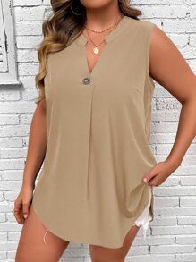SHEIN LUNE Plus Notched Neckline Button Detail Sleeveless Blouse - Khaki - View 4