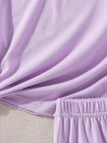 SHEIN Girls Cartoon Graphic Tee & Shorts - Purple - View 3