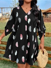 SHEIN LUNE Plus Feather Print Roll Tab Sleeve Tunic Dress - Black - View 1