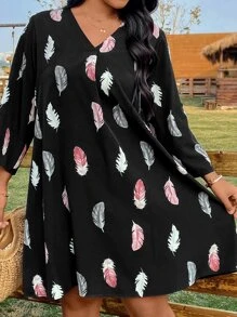 SHEIN LUNE Plus Feather Print Roll Tab Sleeve Tunic Dress - Black - View 3