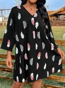 SHEIN LUNE Plus Feather Print Roll Tab Sleeve Tunic Dress - Black - View 4