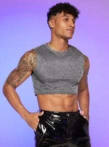 FeverCity Men Solid Glitter Crop Tank Top - Silver - View 1