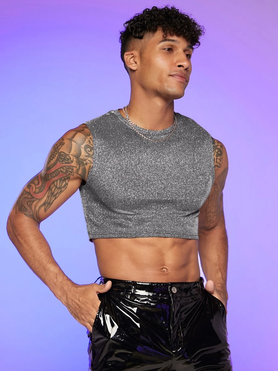 FeverCity Men Solid Glitter Crop Tank Top - Silver - View 1