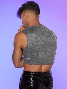 FeverCity Men Solid Glitter Crop Tank Top - Silver - View 2