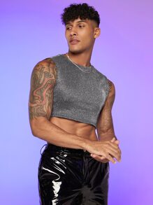 FeverCity Men Solid Glitter Crop Tank Top - Silver - View 3