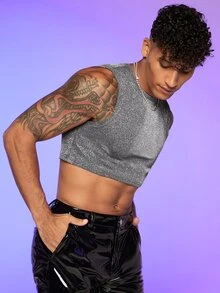 FeverCity Men Solid Glitter Crop Tank Top - Silver - View 4