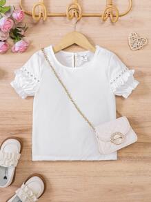 SHEIN Toddler Girls Frill Trim Puff Sleeve Keyhole Back Blouse - White - View 1