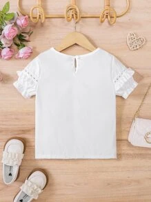 SHEIN Toddler Girls Frill Trim Puff Sleeve Keyhole Back Blouse - White - View 2