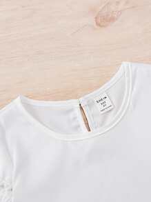 SHEIN Toddler Girls Frill Trim Puff Sleeve Keyhole Back Blouse - White - View 4