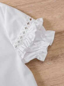 SHEIN Toddler Girls Frill Trim Puff Sleeve Keyhole Back Blouse - White - View 6