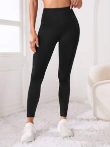 素色寬腰帶運動打底褲