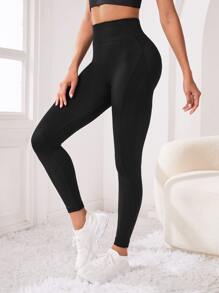 素色寬腰帶運動打底褲