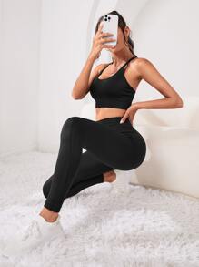 素色寬腰帶運動打底褲