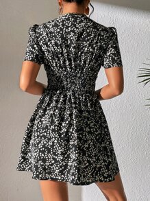 SHEIN PETITE Ditsy Floral Print Ruched Front Dress - Black and White - View 2