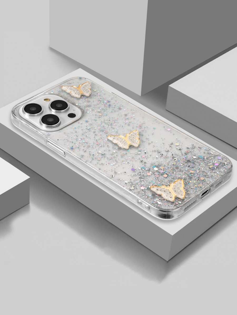Ốp điện thoại chống rơi đính kim sa và hình bướm, phiên bản quốc tế, không phải phiên bản nội địa. - trắng - Xem 1