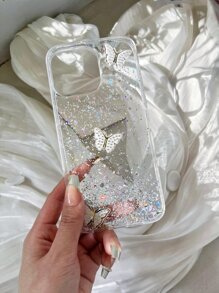 Ốp điện thoại chống rơi đính kim sa và hình bướm, phiên bản quốc tế, không phải phiên bản nội địa. - trắng - Xem 2