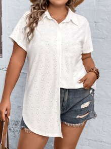 SHEIN LUNE Plus Eyelet Embroidery Shirt - White - View 4