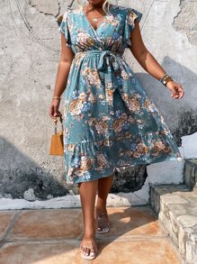 SHEIN LUNE 大碼印花蝴蝶袖荷葉邊繫腰帶洋裝 - 彩色 - 查看 1