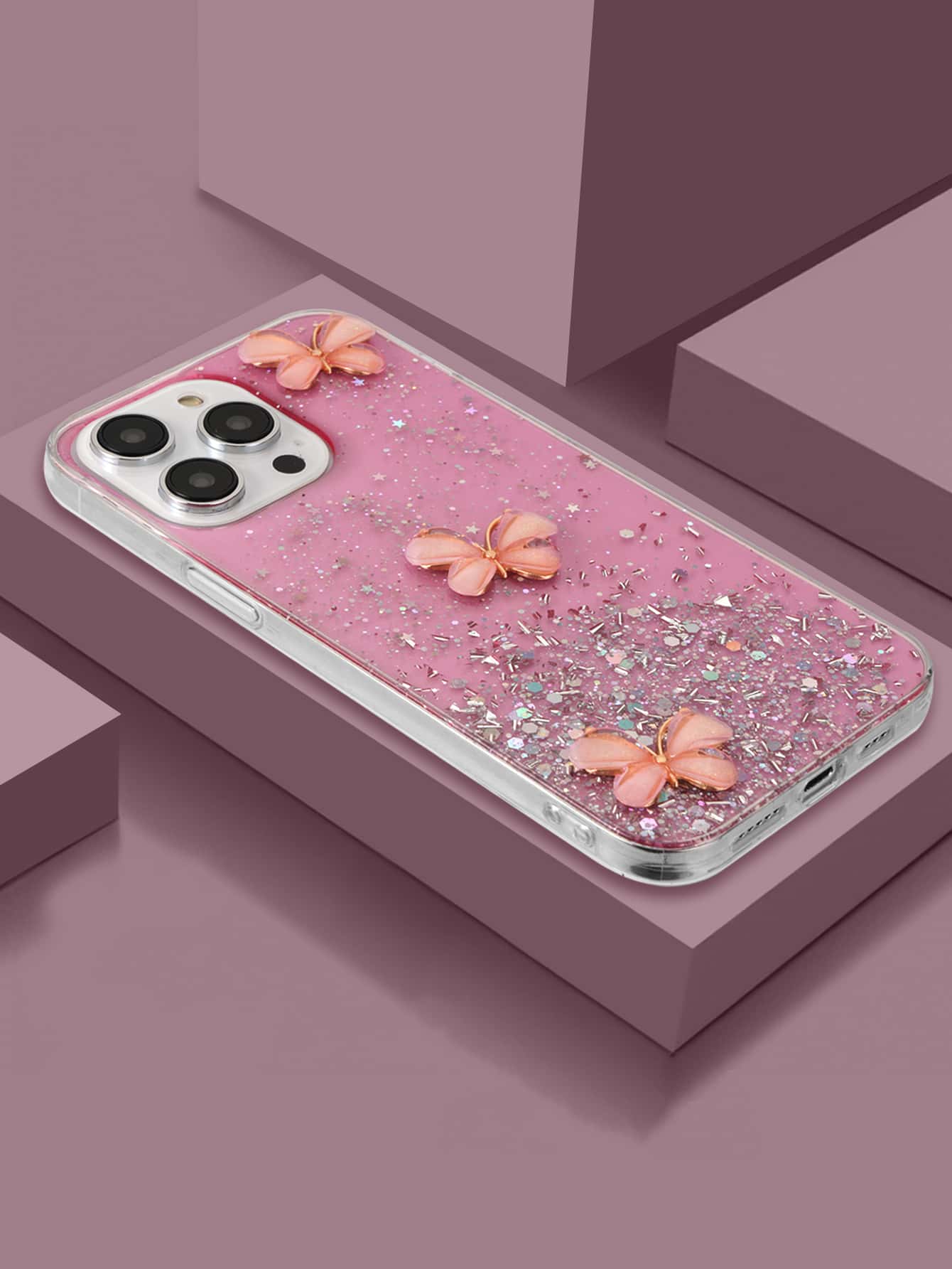 Ốp điện thoại chống rơi đính kim sa và hình bướm, phiên bản quốc tế, không phải phiên bản nội địa. - Hồng - Xem 1