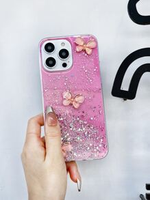 Ốp điện thoại chống rơi đính kim sa và hình bướm, phiên bản quốc tế, không phải phiên bản nội địa. - Hồng - Xem 4