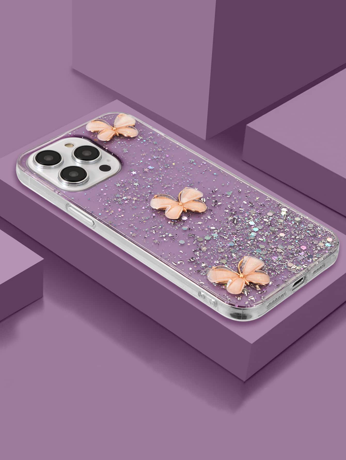 Sequin & Butterfly Decor Anti-Fall Phone Case,International Version, Not The Domestic Version - Purple - View 1