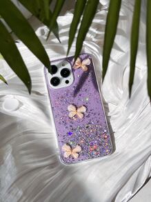 Sequin & Butterfly Decor Anti-Fall Phone Case,International Version, Not The Domestic Version - Purple - View 2