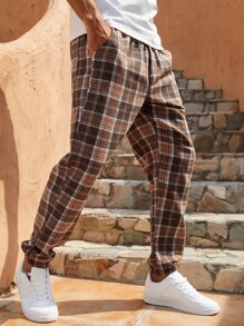 Manfinity Homme Men Cotton Plaid Print Drawstring Waist Trousers - Brown - View 1