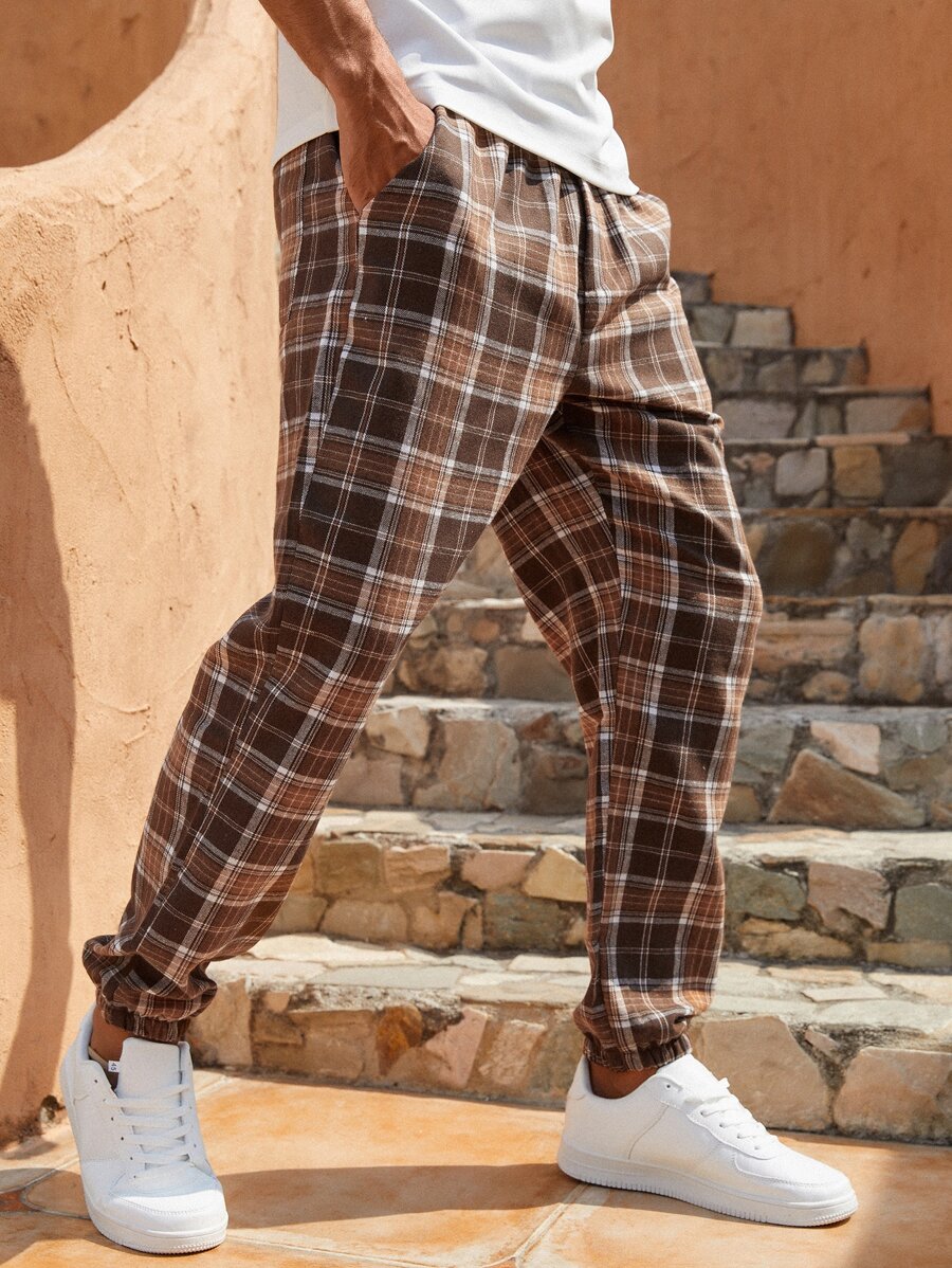 Manfinity Homme Men Cotton Plaid Print Drawstring Waist Trousers - Brown - View 1
