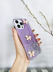 Sequin & Butterfly Decor Anti-Fall Phone Case,International Version, Not The Domestic Version - Purple - View 4