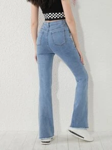 SHEIN 青少年女孩毛邊牛仔喇叭褲 - 淺色水洗藍 - 查看 2