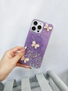 Sequin & Butterfly Decor Anti-Fall Phone Case,International Version, Not The Domestic Version - Purple - View 5