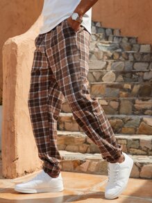 Manfinity Homme Men Cotton Plaid Print Drawstring Waist Trousers - Brown - View 2