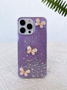 Sequin & Butterfly Decor Anti-Fall Phone Case,International Version, Not The Domestic Version - Purple - View 6