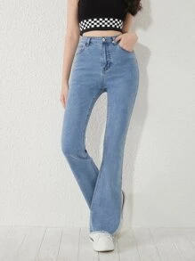 SHEIN 青少年女孩毛邊牛仔喇叭褲 - 淺色水洗藍 - 查看 3