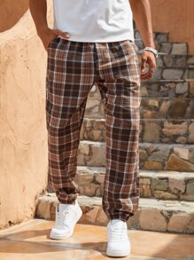Manfinity Homme Men Cotton Plaid Print Drawstring Waist Trousers - Brown - View 3