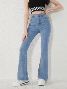 SHEIN 青少年女孩毛邊牛仔喇叭褲 - 淺色水洗藍 - 查看 4
