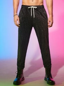 Manfinity RebelGame Hombres Pantalones de cintura con cordón brillante - Negro - Ver 2