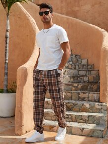 Manfinity Homme Men Cotton Plaid Print Drawstring Waist Trousers - Brown - View 6