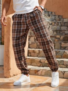 Manfinity Homme Men Cotton Plaid Print Drawstring Waist Trousers - Brown - View 7