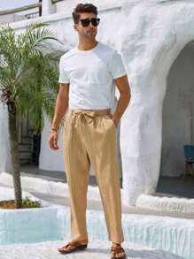 Manfinity Men Solid Slant Pocket Belted Trousers - Khaki - View 7
