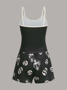 ROMWE Grunge Punk Skull Print Contrast Binding PJ Set, School - Black - View 2