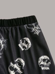 ROMWE Grunge Punk Skull Print Contrast Binding PJ Set, School - Black - View 3