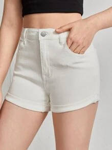 SHEIN Teen Girls Roll Up Hem Denim Shorts - White - View 1