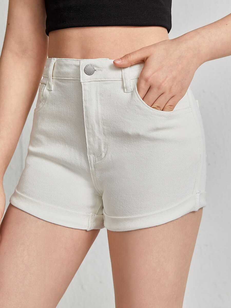 SHEIN Teen Girls Roll Up Hem Denim Shorts - White - View 1