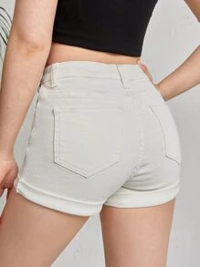 SHEIN Teen Girls Roll Up Hem Denim Shorts - White - View 2