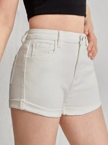 SHEIN Teen Girls Roll Up Hem Denim Shorts - White - View 3