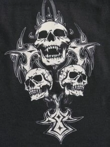 ROMWE Grunge Punk Skull Print Contrast Binding PJ Set, School - Black - View 4