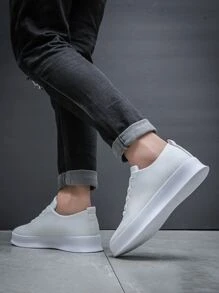 Men Lace-up Front Sneakers, Sport Outdoor Skate Shoes - White - View 2