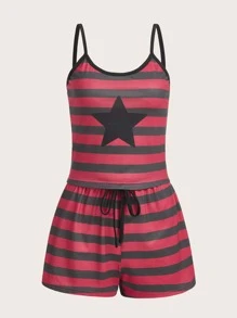 ROMWE Grunge Punk Striped & Star Print PJ Set - Multicolor - View 5